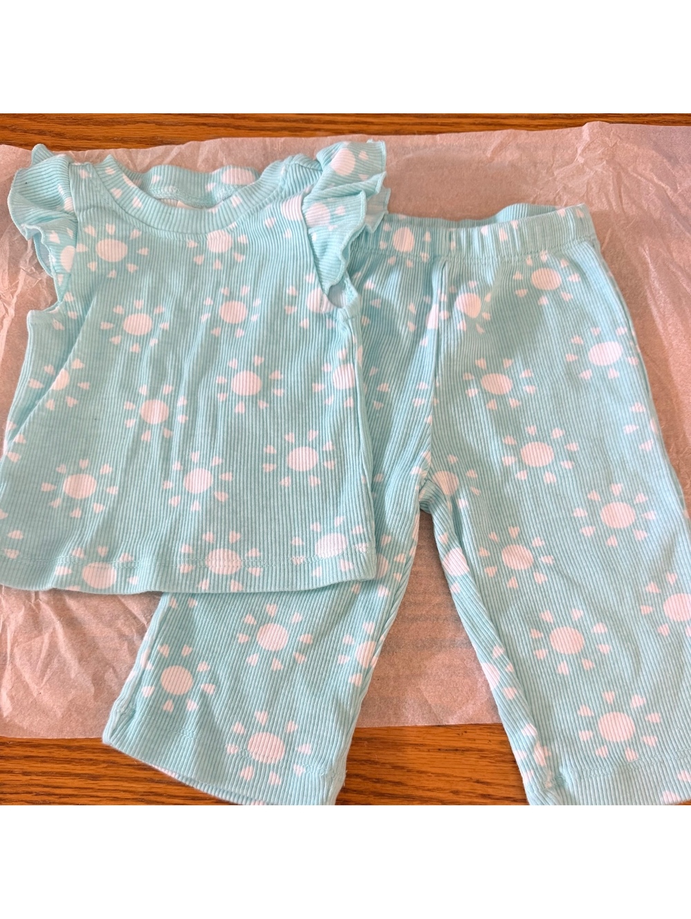 Okie Dokie Baby Girl 6M Outfit Aqua Sun Print Ribbed Top Pants 2 Piece Set
